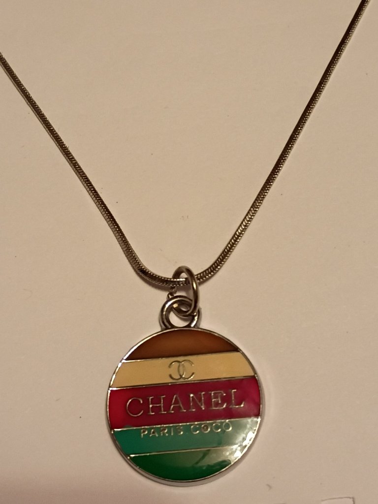 Vintage Chanel Coco Paris Multicolor Circular Pendant Necklace Silver Chain